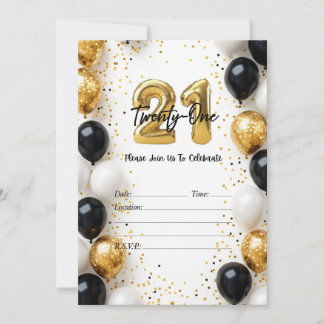 Elegant Guld & Black Balloon 21:a födelsedag Inbju Inbjudningar