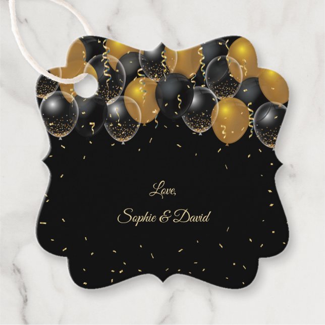 Elegant Guld Black Balloons Confetti Bröllop Gåvor Etiketter (Framsida)