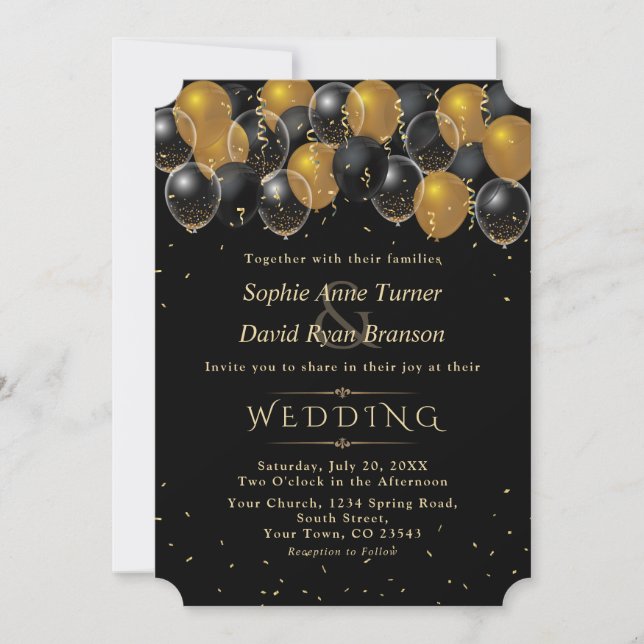 Elegant Guld Black Balloons Confetti Bröllop Inbjudningar (Framsida)