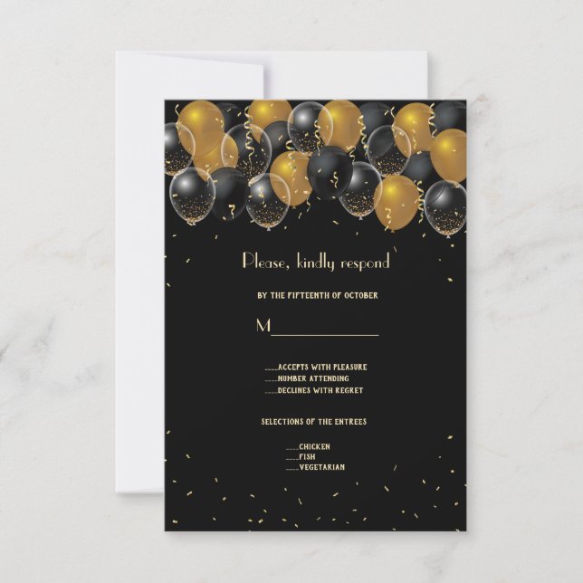 Elegant Guld Black Balloons Confetti Bröllop OSA Kort (Framsida)