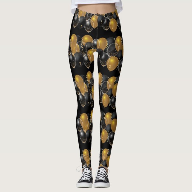 Elegant Guld Black Balloons Confetti Leggings (Framsida)
