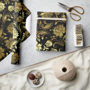 Elegant Guld & Black-Blommönstret Presentpapper