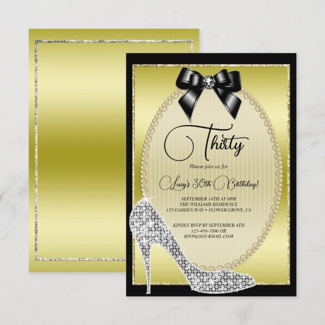 Elegant Guld, Black Bow & Stiletto Birthday Inbjudningar (Fram/baksida)