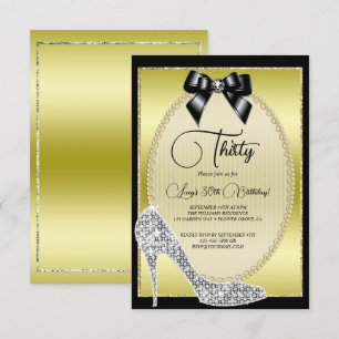 Elegant Guld, Black Bow & Stiletto Birthday Inbjudningar