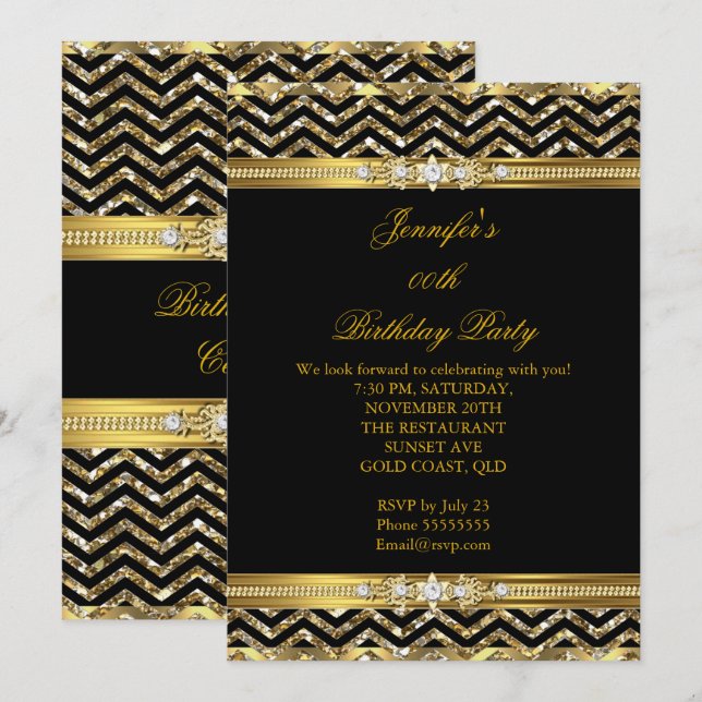 Elegant Guld Black Chevron Diamond Birthday 2 Inbjudningar (Fram/baksida)