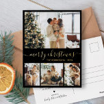 Elegant Guld Black Collage julklapp<br><div class="desc">Elegant Calligraphy Minimalist Gold Foil Script Guld Black 4 Photo Collage God jul Helgdag Card. Den här festiva, imimalistiska, vismatiska 4 (4) fotokortsmallen innehåller en söt fotokollage och säger "God jul"! Texten "God jul" hälsning är skriven i ett vackert handskrivet teckensnitt som snabbt byts ut mot svan i guld mot...</div>