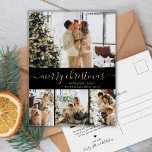 Elegant Guld Black Collage julklapp<br><div class="desc">Elegant Calligraphy Minimalist Gold Foil Script Guld Black 4 Photo Collage God jul Helgdag Card. Den här festiva, imimalistiska, vismatiska 4 (4) fotokortsmallen innehåller en söt fotokollage och säger "God jul"! Texten "God jul" hälsning är skriven i ett vackert handskrivet teckensnitt som snabbt byts ut mot svan i guld mot...</div>