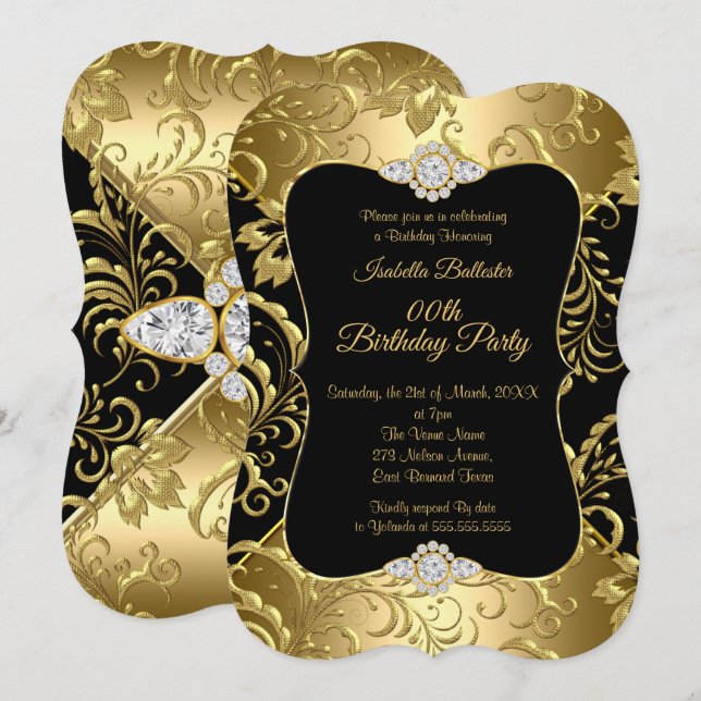Elegant Guld Black Damask blommigt Födelsedagsfest Inbjudningar (Fram/baksida)