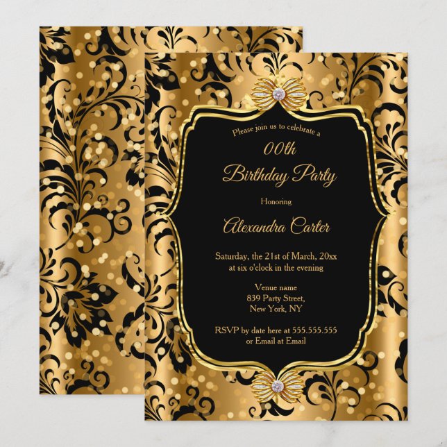 Elegant Guld Black Damask Jewel Bow Birthday Inbjudningar (Fram/baksida)