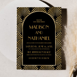 Elegant Guld Black Geometric Art Deco Bröllop Inbjudningar