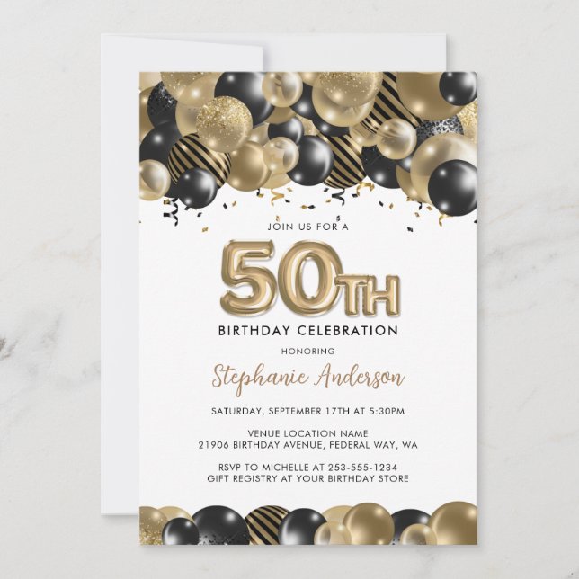 Elegant Guld Black Glitter 50:e födelsedagen Inbjudningar (Framsida)