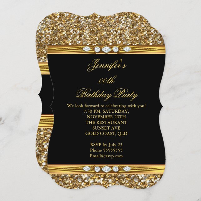 Elegant Guld Black Glitter Diamond Födelsedagsfest Inbjudningar (Fram/baksida)
