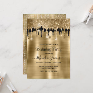 Elegant Guld Black Gnistra Glitter Drives Birthday Inbjudningar