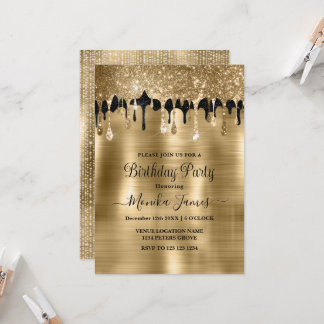 Elegant Guld Black Gnistra Glitter Drives Birthday Inbjudningar