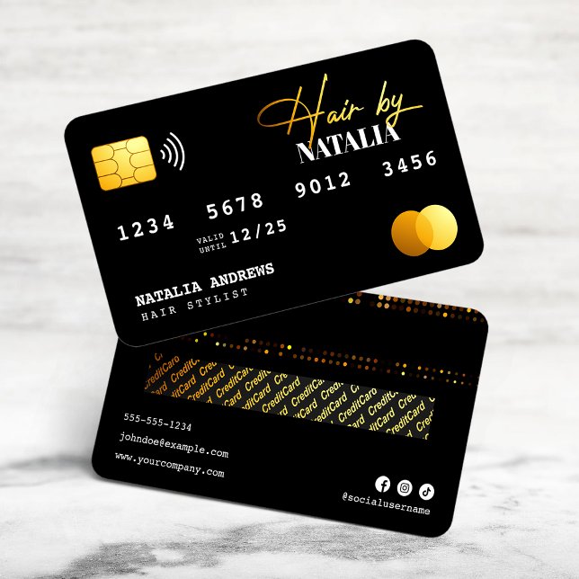 Elegant Guld Black Gnistra Hairstylist Kredit Card Visitkort (Skapare uppladdad)