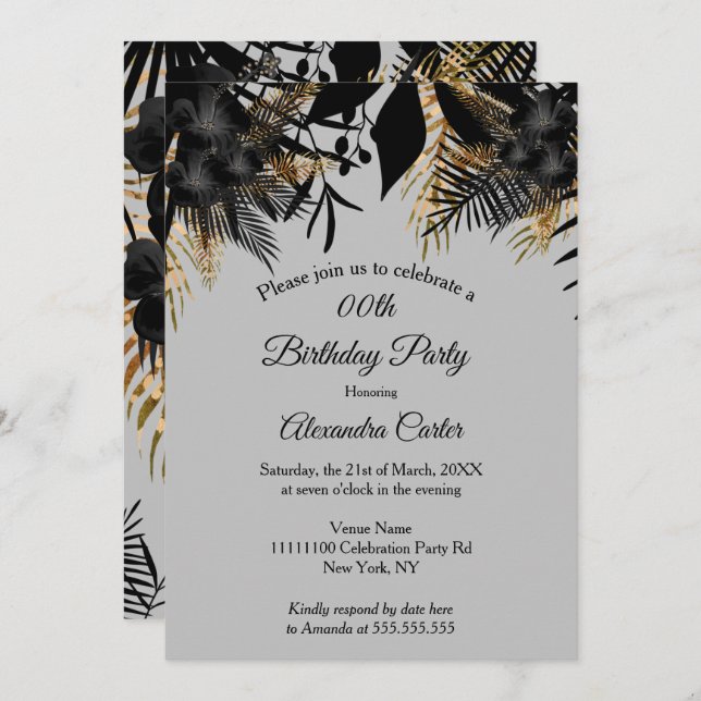 Elegant Guld Black Grått Blommigt Födelsedagsfest  Inbjudningar (Fram/baksida)