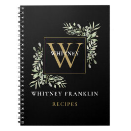 Elegant Guld Black Greenery Monogram Recipe Anteckningsbok