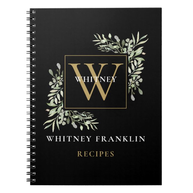 Elegant Guld Black Greenery Monogram Recipe Anteckningsbok (Framsidan)