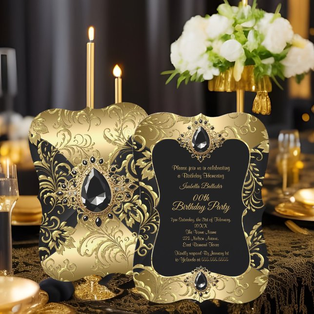 Elegant Guld Black Jewel Damask Födelsedagsfest Inbjudningar (Skapare uppladdad)