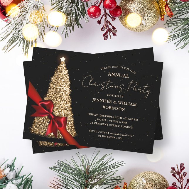 Elegant Guld Black Julafton Träd Ribbon Julfest Inbjudningar (Elegant Gold Black Xmas Tree Ribbon Holiday Party Invitation)