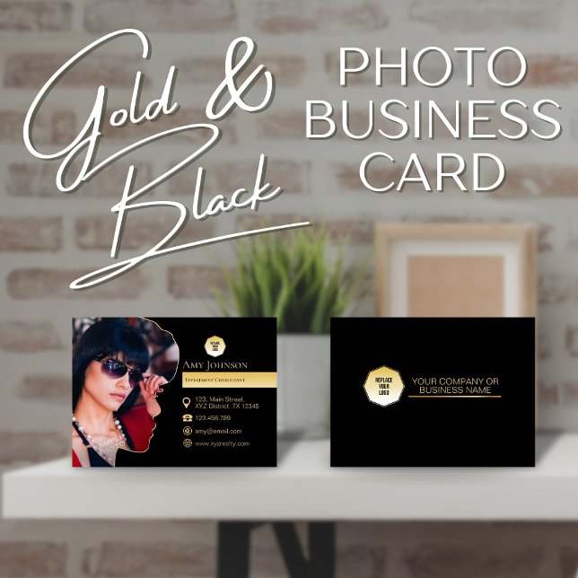 Elegant Guld & Black, lägg till egen Logotyp för f Visitkort (gold and black add your own photo business card)