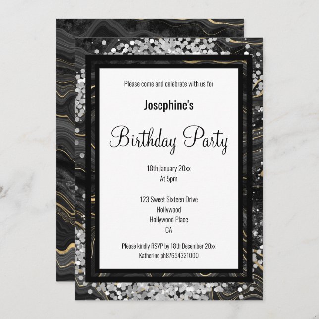 ELEGANT GULD BLACK MARBLE HOLOGRAPHIC BIRTHDAY INBJUDNINGAR (Fram/baksida)