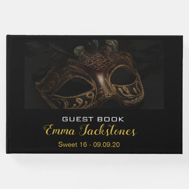 Elegant Guld & Black Mask Masquerad Sweet 16 Gästböcker (Framsida)
