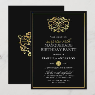 Elegant Guld & Black Masquerad Surprise Party Inbjudningar