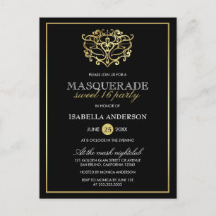 Elegant Guld & Black Masquerad Sweet 16 Party Inbjudan Vykort