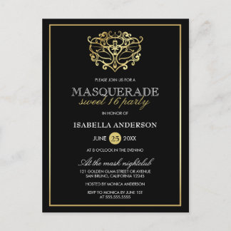 Elegant Guld & Black Masquerad Sweet 16 Party Inbjudan Vykort