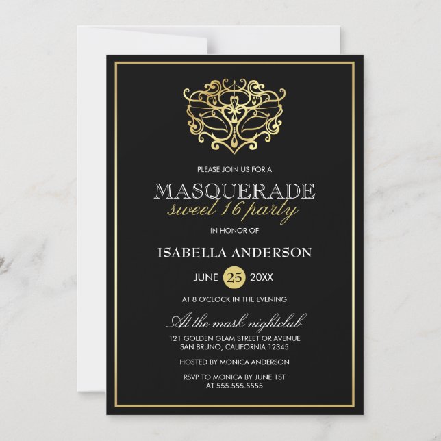 Elegant Guld & Black Masquerad Sweet 16 Party Magnetisk Inbjudningskort (Framsida)