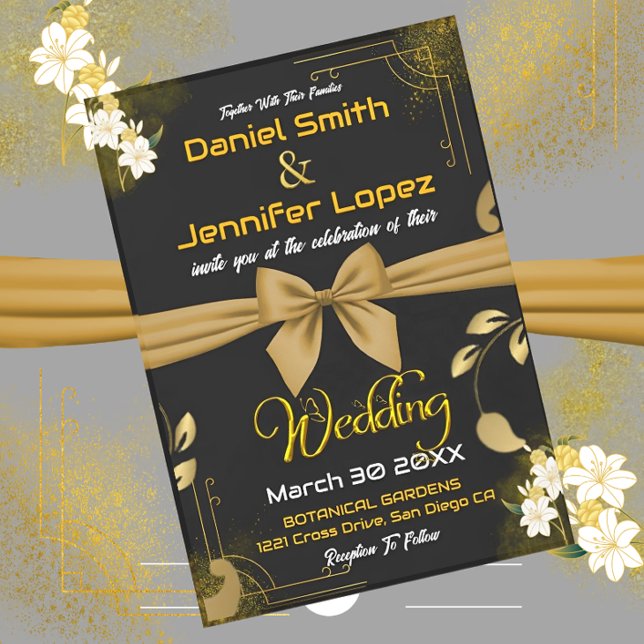 Elegant Guld & Black med vit Blommigt Bröllop Inbjudningar (Skapare uppladdad)