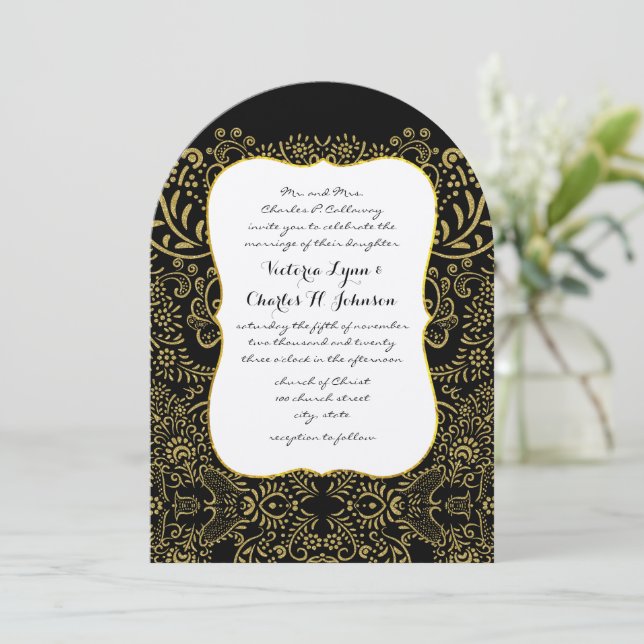 Elegant Guld Black Mehndi Möhippa Design Mönster Inbjudningar (Stående Fram)