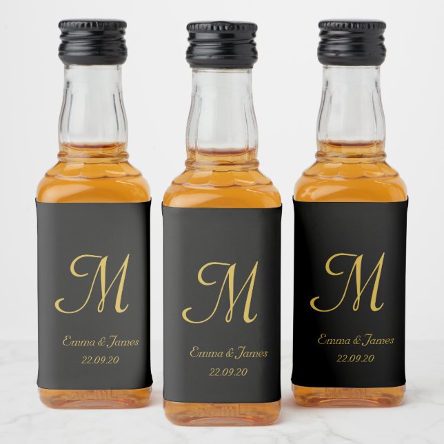 Elegant Guld & Black Monogram Wedding Favor Spritflaskor Etikett (Flaskor)