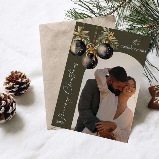 Elegant Guld Black Ornaments Arch Photo CHRISTMAS Julkort (ELEGANT ARCH SHAPED PHOTO CARD WITH CALLIGRAPHY ACCENT MERRY CHRISTMAS FAMILY COUPLE NEWLY WED)