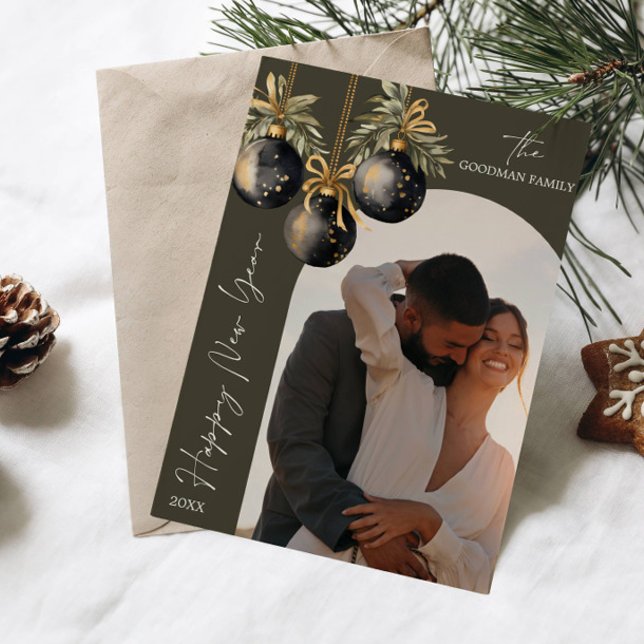 Elegant Guld Black Ornaments Arch Photo NEW YEAR Julkort (BAUBLES ORNAMENTS NEW YEAR ARCH-SHAPED PHOTO HOLIDAY CARD)
