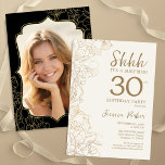 Elegant Guld Black Photo Surprise 30års födelsedag Inbjudningar<br><div class="desc">Elegant guld kräm och svart överraskning, 30års födelsedag-partyinbjudan med ditt foto på baksidan av kortet. Trendigets moderna femininin-design har botaniska accenter och typiska typsnitt. Enkel perfekt för inbjudan-kort i blommigt för en snyggt kvinnlig överraskning i firande. Kan anpassas till vilken ålder som helst. Skrivna Zazzle-inbjudningar eller digital utskrivbar mall för...</div>