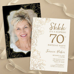 Elegant Guld Black Photo Surprise 70:e födelsedage Inbjudningar
