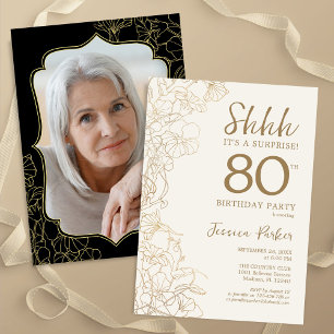 Elegant Guld Black Photo Surprise 80:e födelsedage Inbjudningar