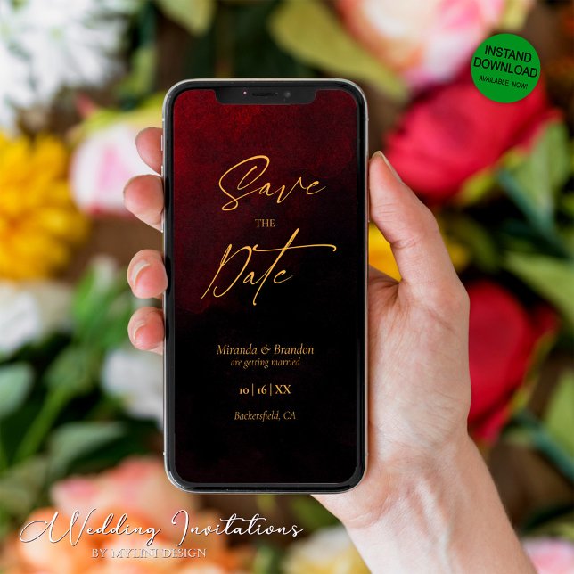 Elegant Guld Black Red Bröllop spara datum Card Spara Datumet (Skapare uppladdad)