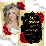 Elegant Guld Black Red Photo 50:e födelsedagen Inbjudningar<br><div class="desc">Femininininbjudan till elegantens blommigt på 50 års födelsedag med ditt foto på baksidan av kortet. Glam-design med faux guld. Funktioner röd ros, typsnitt för skript och konfiguration. Perfekt för en snyggt vuxen under firande party. Anpassa med dina egna detaljer. Kan anpassas för vilken ålder som helst! Skrivna Zazzle-inbjudningar eller digital...</div>