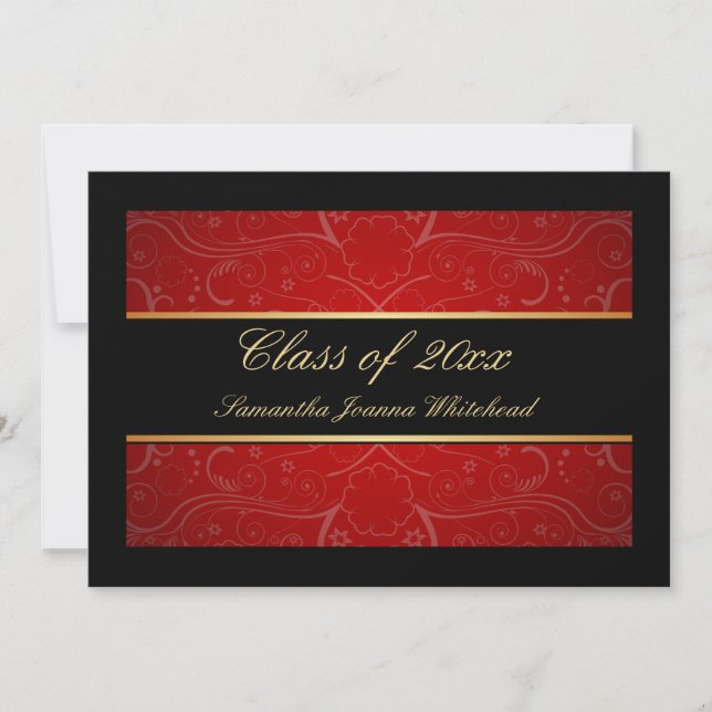 Elegant Guld/Black/Red Swirl College Graduation Inbjudningar (Framsida)
