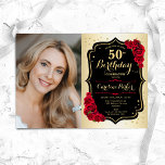 Elegant Guld Black Röd ros Photo 50:e födelsedagen Inbjudningar<br><div class="desc">Femininininbjudan till elegantens blommigt på 50 år med ditt foto. Glam-design med faux guld. Funktioner röd ros, typsnitt för skript och konfiguration. Perfekt för en snyggt vuxen under firande party. Anpassa med dina egna detaljer. Kan anpassas för vilken ålder som helst! Skrivna Zazzle-inbjudningar eller digital utskrivbar mall för omedelbar nedladdning....</div>