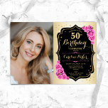 Elegant Guld Black Rosa ros Photo 50:e födelsedage Inbjudningar<br><div class="desc">Femininininbjudan till elegantens blommigt på 50 år med ditt foto. Glam-design med faux guld. Funktioner rosa ros, typsnitt för skript och konfiguration. Perfekt för en snyggt vuxen under firande party. Anpassa med dina egna detaljer. Kan anpassas för vilken ålder som helst! Skrivna Zazzle-inbjudningar eller digital utskrivbar mall för omedelbar nedladdning....</div>