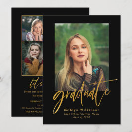 Elegant Guld Black Script 5 Photo Collage Grad Inbjudningar
