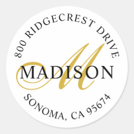 Elegant Guld Black Script Monogram-Returadress Runt Klistermärke