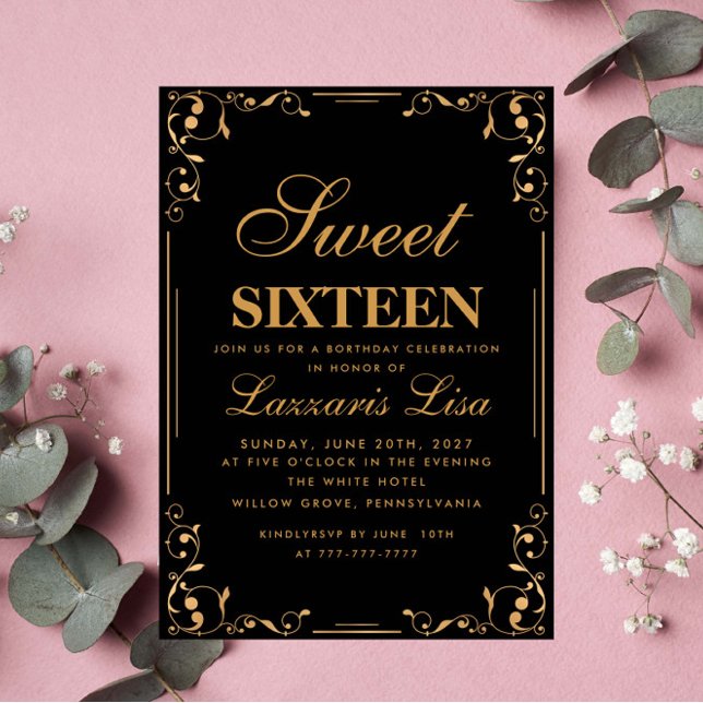 Elegant Guld Black Sweet sixteen 16 Birthday Inbjudningar (Skapare uppladdad)