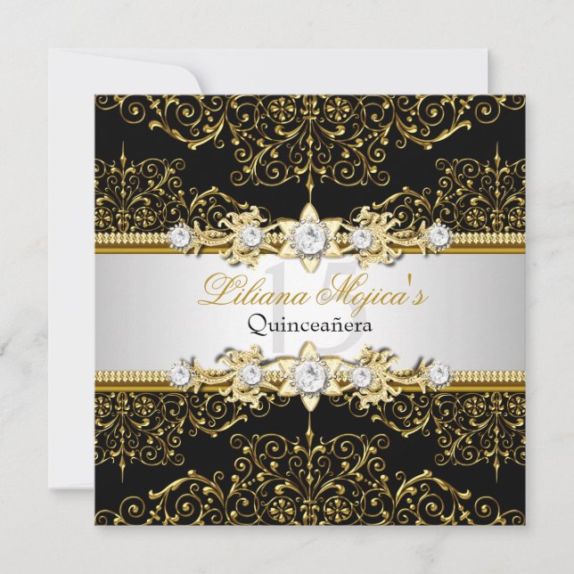 Elegant Guld & Black Swirl Damask Quinceanera Inbjudningar (Framsida)