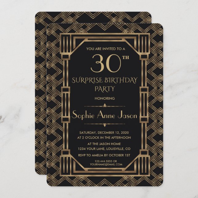 Elegant Guld Black Underbar Gatsby Födelsedagsfest Inbjudningar (Fram/baksida)