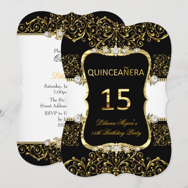 Elegant Guld Black White Glamor Quinceanera Inbjudningar (Fram/baksida)